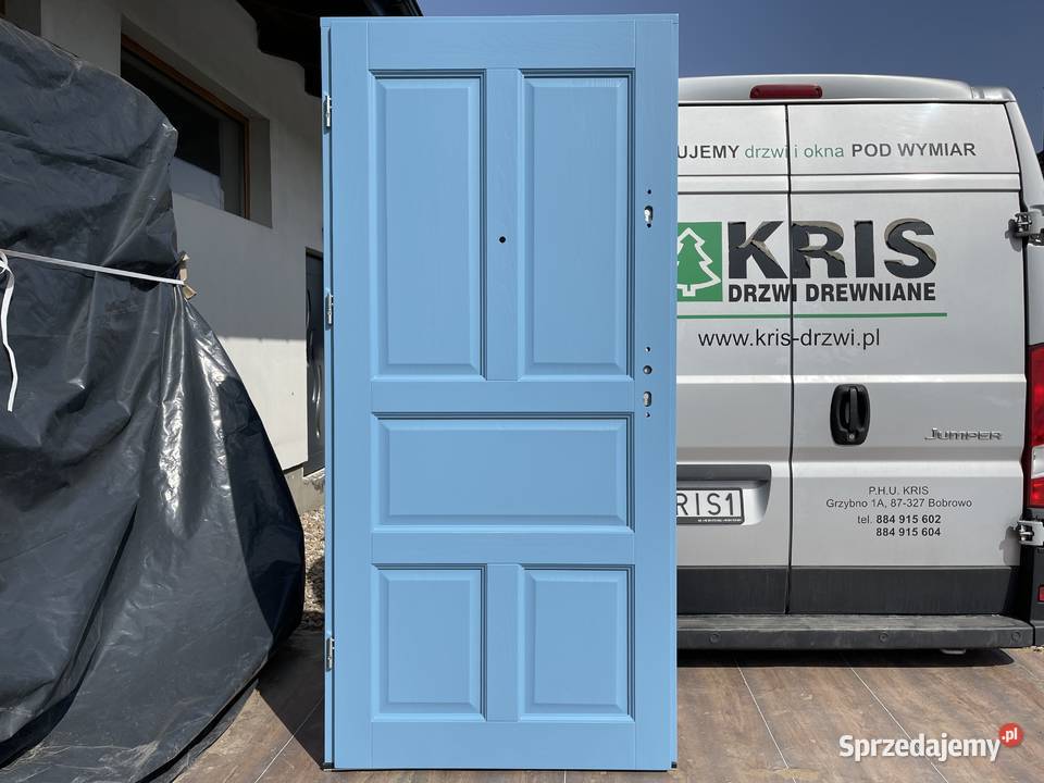 Drzwi drewniane wewnątrzklatkowe RĘKI błękitne 208cm kujawsko-pomorskie Grzybno sprzedam