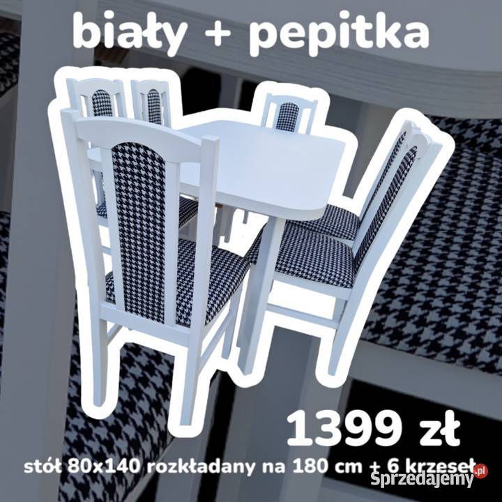 Nowe: Stół 80x140/180 + 6 krzeseł, BIAŁY + PEPITKA, transPL