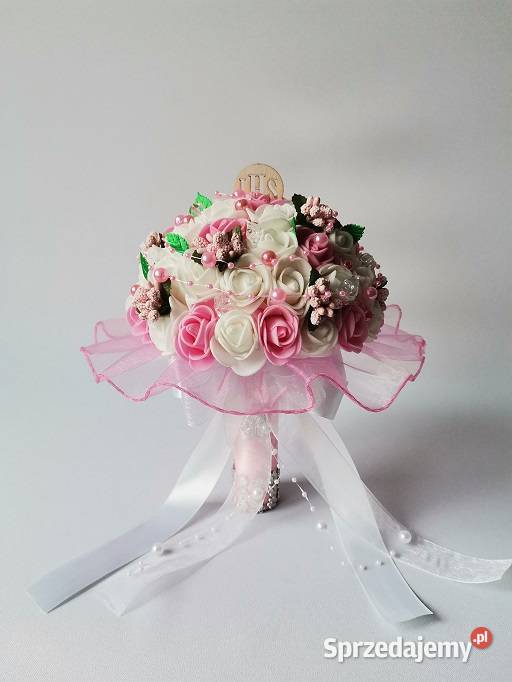 Komunia Święta Bukiet Biało Różowy Róże Piankowe Rękodzieło Poznań