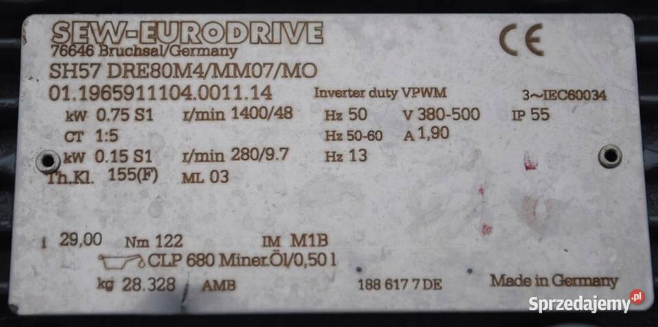 Motoreduktor kątowy 015075kw 9748obr z hamulcem Pozostałe