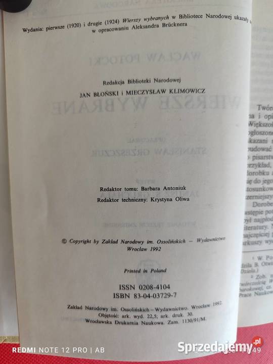 W Potocki Wiersze wybrane Biblioteka Narodowa BN twarda z obwolutą