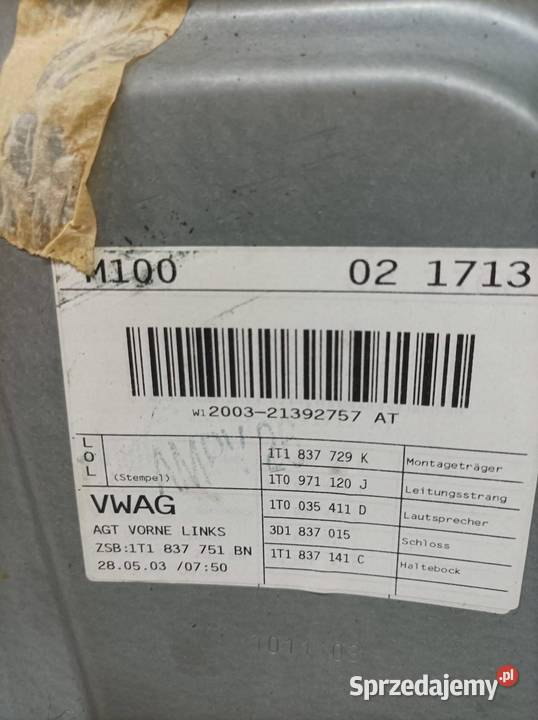 MECHANIZM SZYBY LEWY PRZÓD 1T1837729K VW