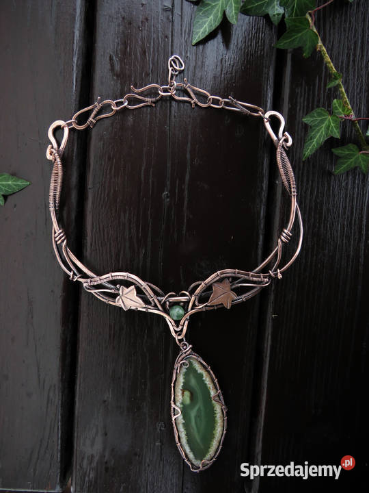 Unikatowa kolia zielony agat bluszcz rękodzieło Kraków