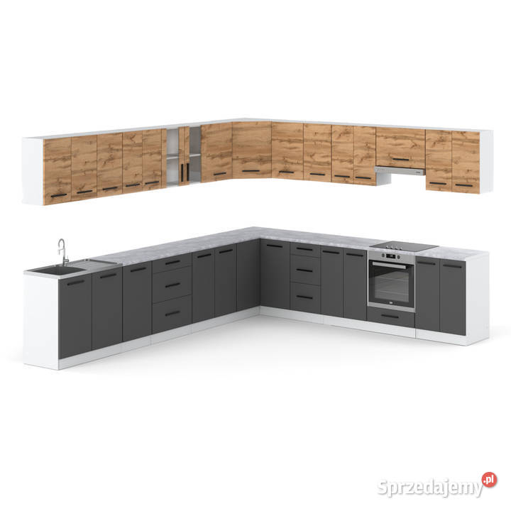 Meble Kuchenne Szare Z Drewnem Narożne Kuchnia Elbląg