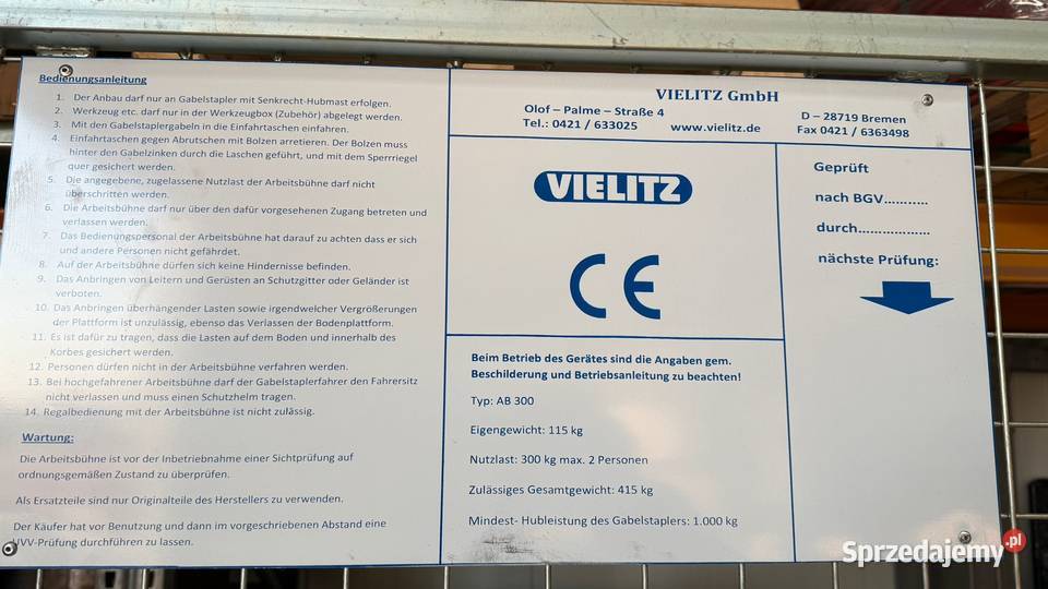 Platforma Kosz roboczy Ładowarki Wózka widłowego Ślesin