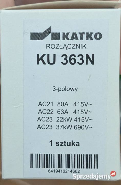 Rozłącznik izolacyjny KATKO KU 363N 3P 63A80A Produkcja Warszawa sprzedam