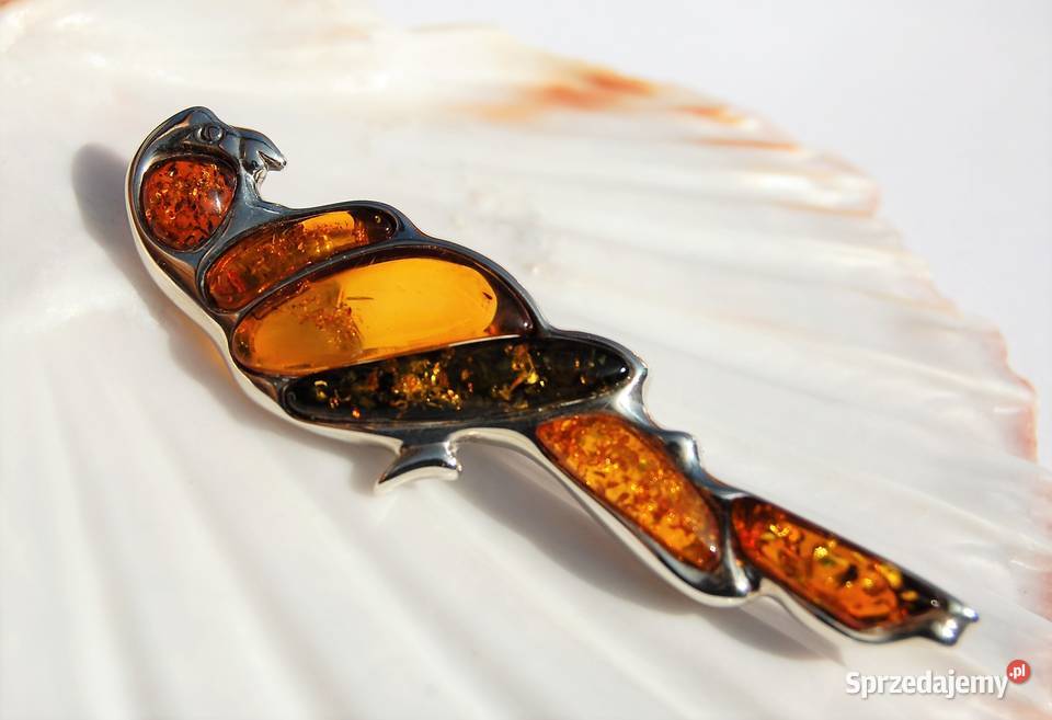 Broszka papuga bursztyn bałtycki srebro pr 925 Lublin
