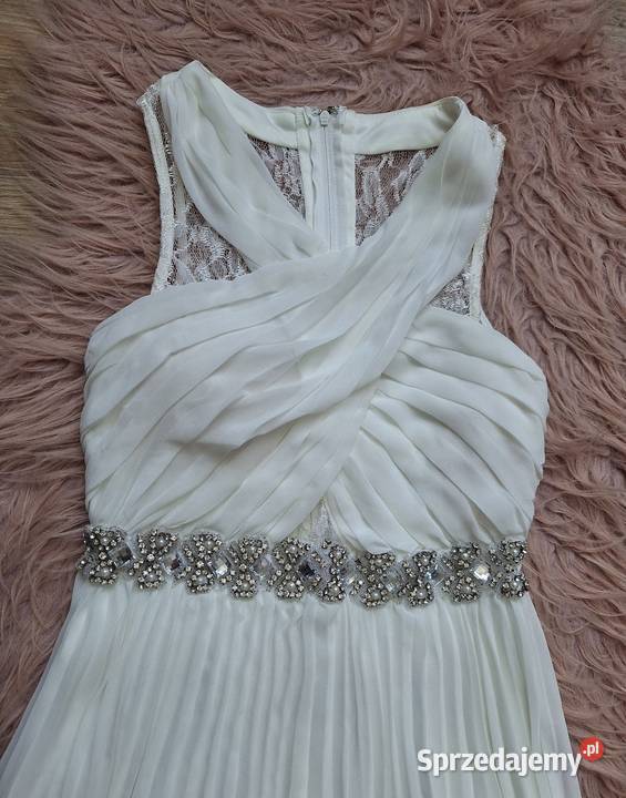Piękna biała plisowana sukienka z kamieniami na bez rękawa Kraków