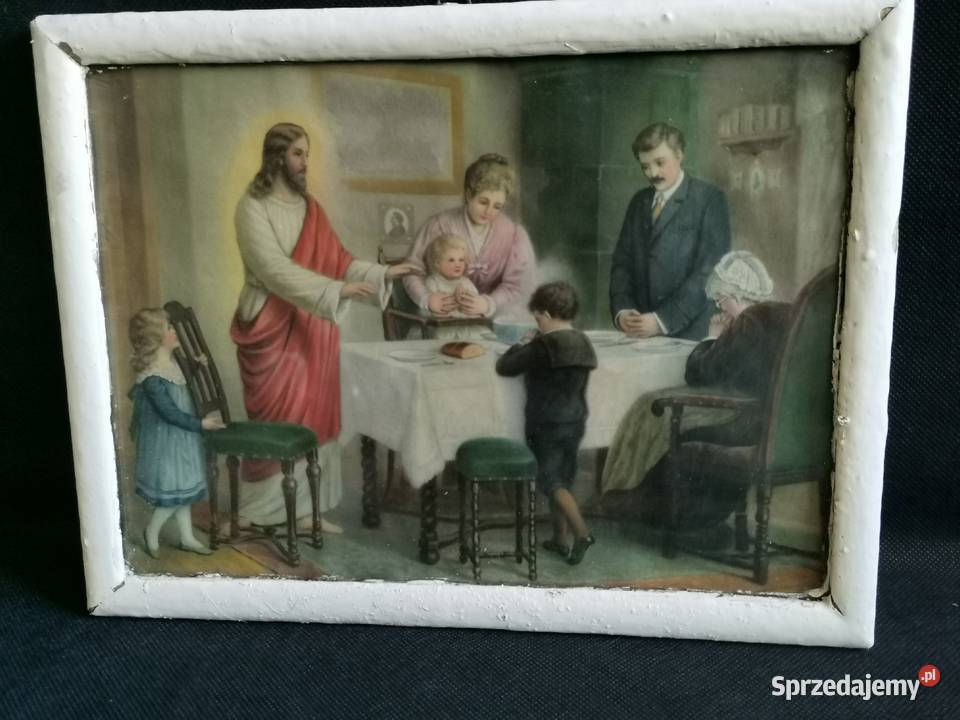 Stary obraz oleodruk Modlitwa przed posiłkiem Siemianowice Śląskie
