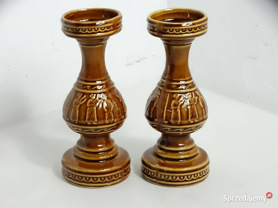 Piękne brązowe ceramiczne świeczniki vintage Biłgoraj