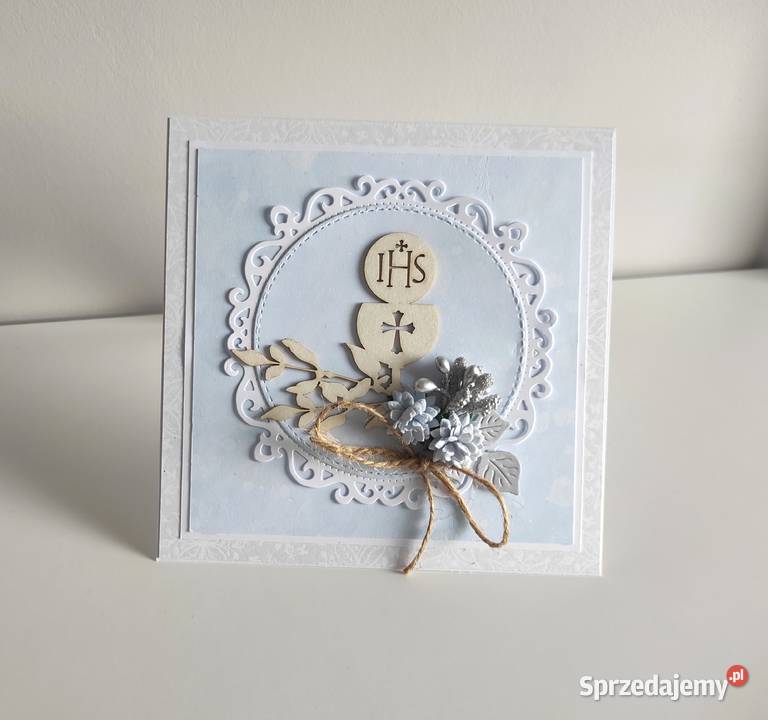 Kartka ręcznie robiona Komunia Święta niebieska