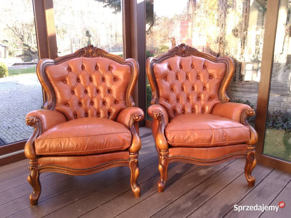 Fotele LudwikBarok Rzeźbione Skóra Antyk Stan Kluki