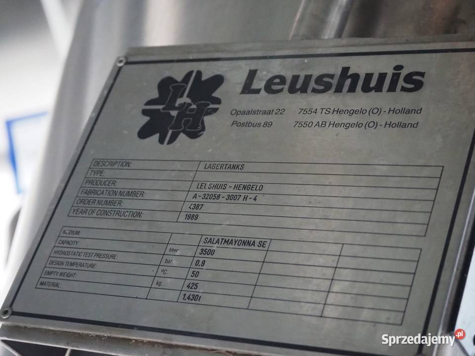 LEUSHUIS 3500L Pionowy zbiornik procesowy do Produkcja Krotoszyn