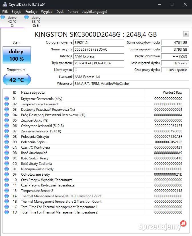 Dysk SSD Kingston KC3000 2TB PCIe 40 NVMe M2 Sulejówek