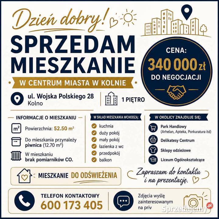 Sprzedam mieszkanie w centrum Kolna Kolno