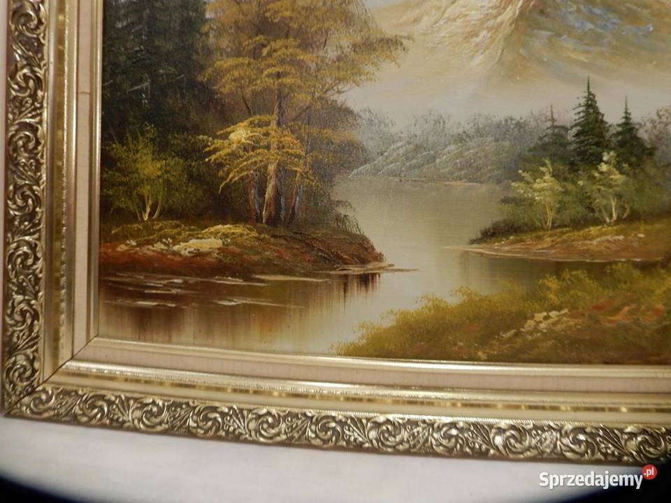 Duży Obraz Olejny GÓRY JEZIORO 116x60 Vintage w wielkopolskie Piła