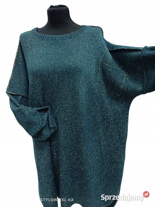 Stylowy sweter Oversize turkusowy ze złotą nitką Swetry i golfy Pątnów