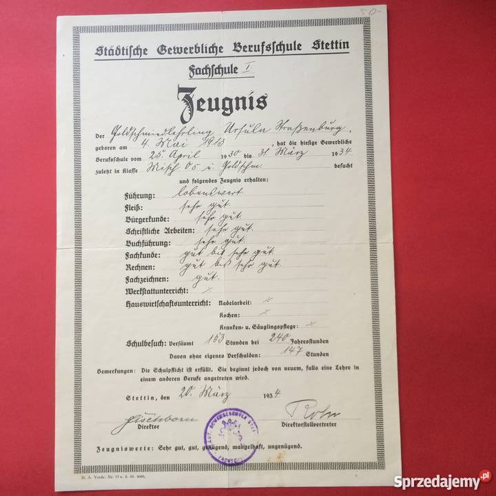 Dokument niemiecki zachodniopomorskie Szczecin