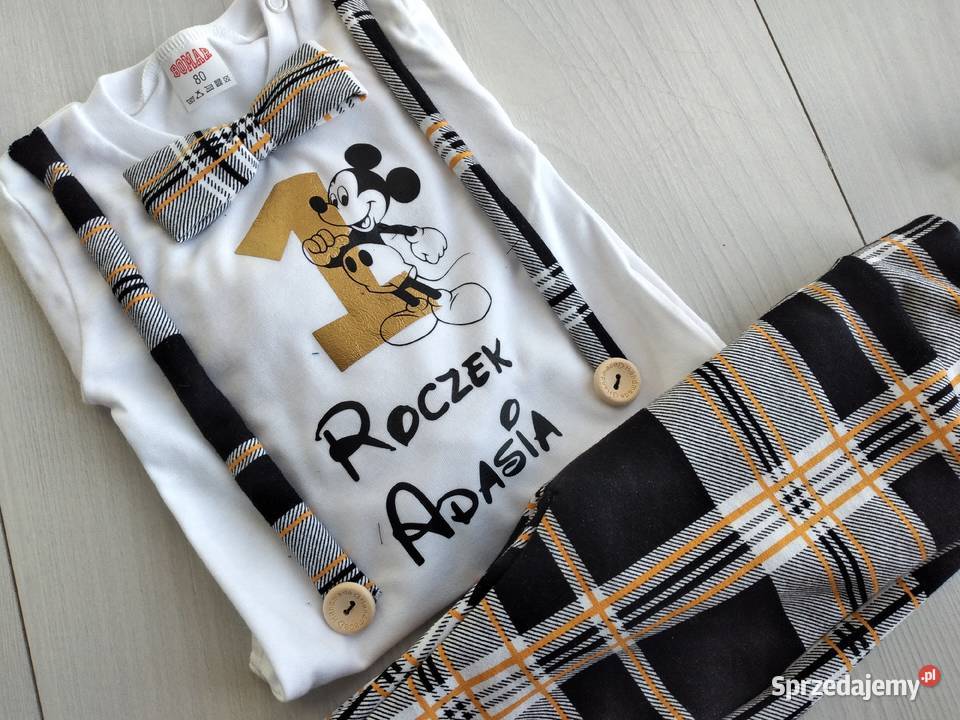 Komplet na roczek chlopca kratka myszka miki biały Komplety i zestawy Tomaszów Mazowiecki