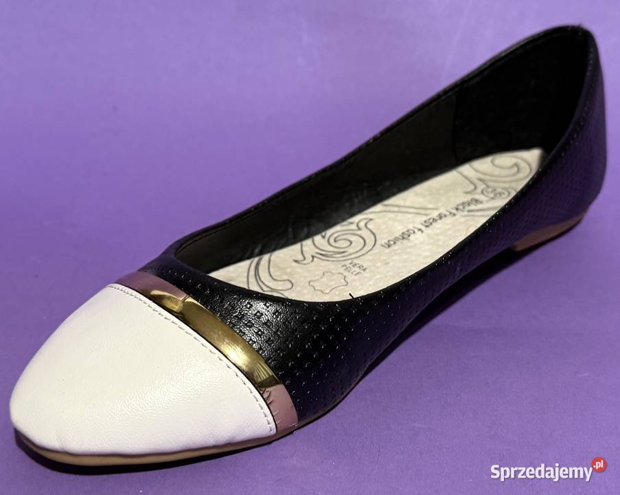 Czarne baleriny z białym czubkiem skórzana Żyrardów