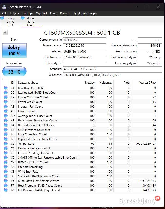SSD m2 SATA Crucial MX500 512GB Warszawa