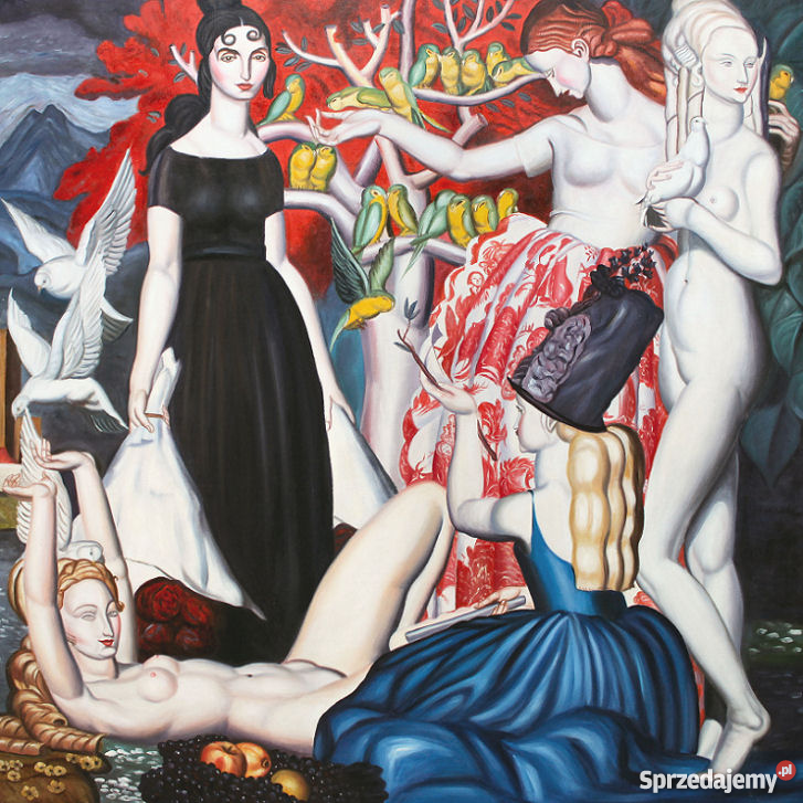 Duży piękny obraz olejny Papugi Jean Dupas Malarstwo Warszawa