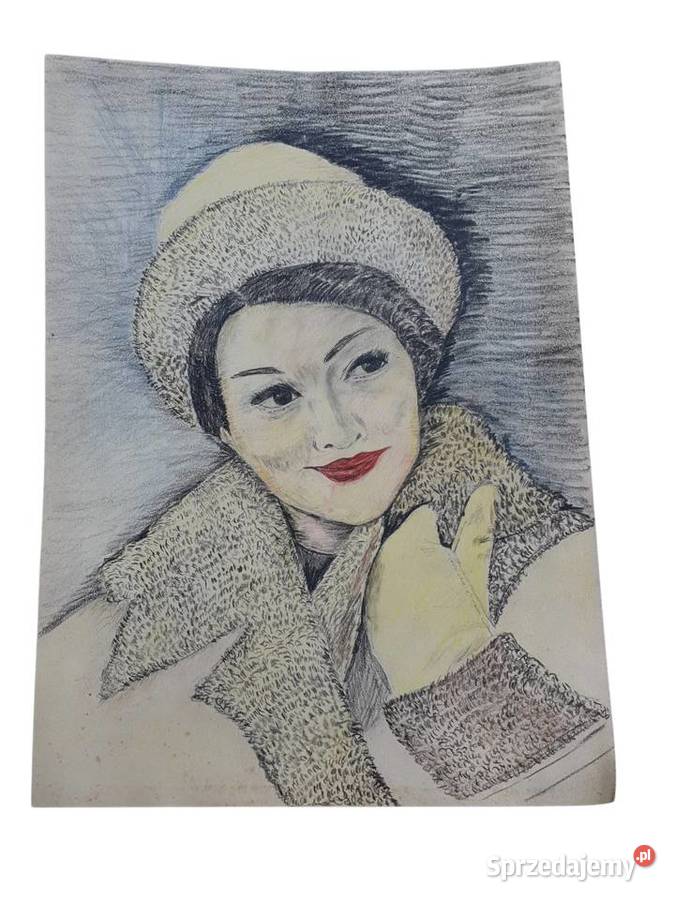 Stary obraz rysunek portret na arkuszu lata 5060 Cieszyn