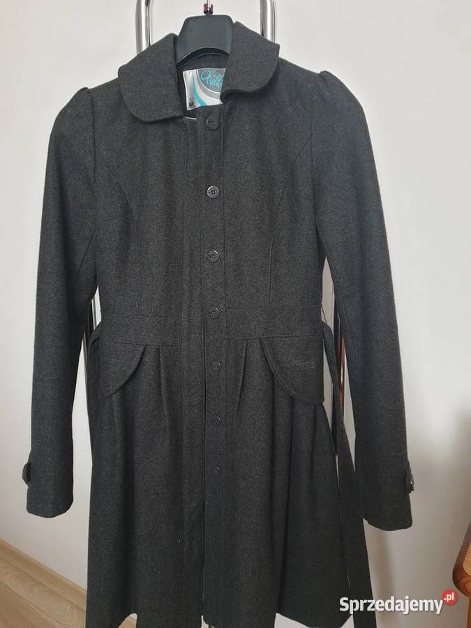 Grafitowy płaszcz z paskiem XS Cropp Kurtki i płaszcze Radom