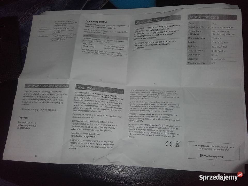 Zestaw głośnomówiący do samochodu SP09 sprzedam