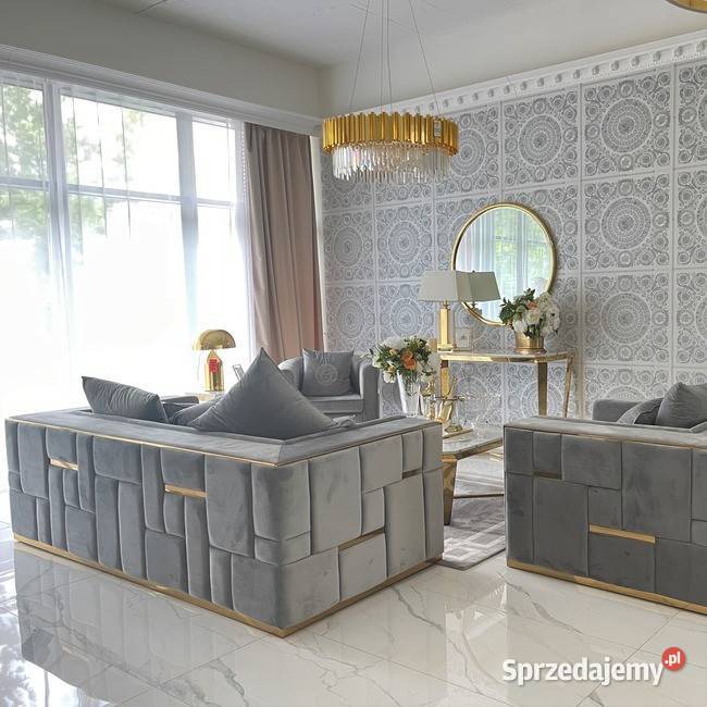 Sofa nowoczesna 3 os Szara Złota Glamour Warszawa