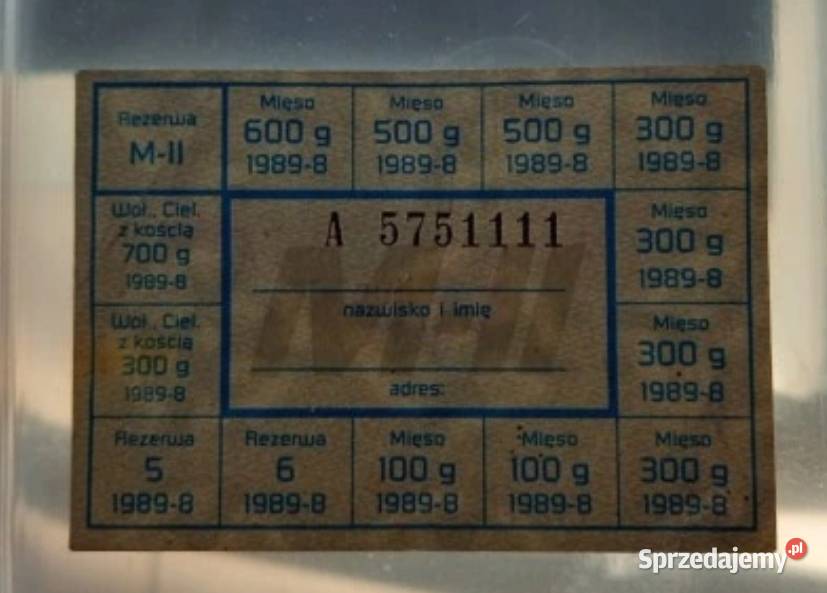 Kartka na mięso SERIAA 3 mięsa i 1 z kością 1989 Zemborzyce Podleśne