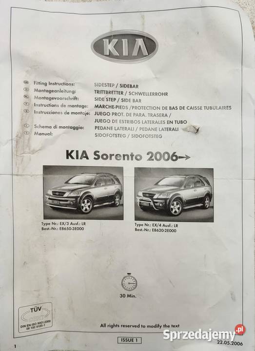 PROGI ORUROWANIE STOPNIE KIA SORENTO I COBRA Progi