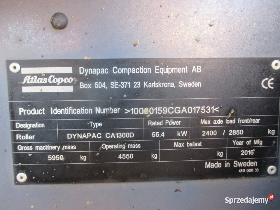Walec jednobębnowy Atlas Copco Dynapac CA1300D Rok produkcji 2016 Pleszew