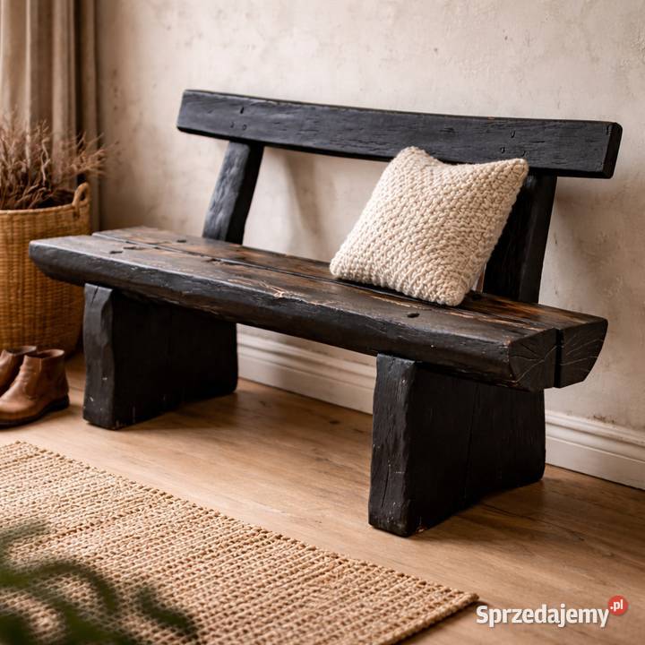 Antyczna ławka rustykalna z litego drewna XIX w Meble Budno