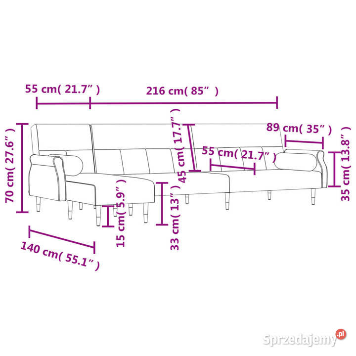 Sofa rozkładana L ciemnoszara 271x140x70 aksamit mazowieckie Warszawa sprzedam