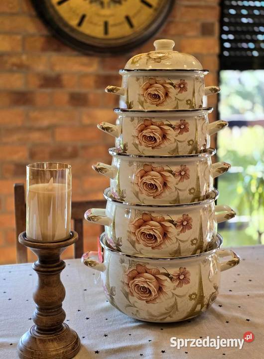 199 Garnki duże emalia róże śląskie Zabrze