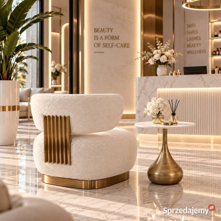 Fotel glamour boucle biały ecru ze złotą Golkowice