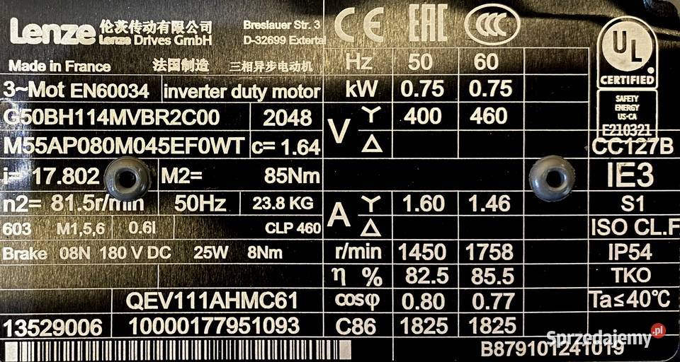 motoreduktor przekładnia 075kW 815obr HAMULEC Pigża sprzedam
