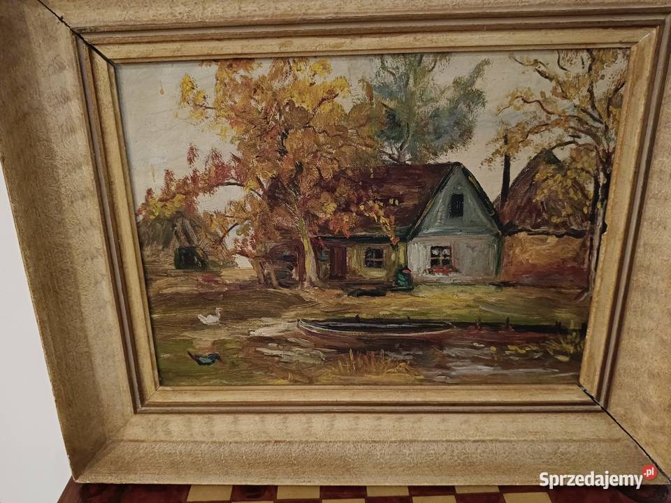 Stary obraz olejny na płótnie Wiejska chata w Dekoracje i ozdoby Lipno