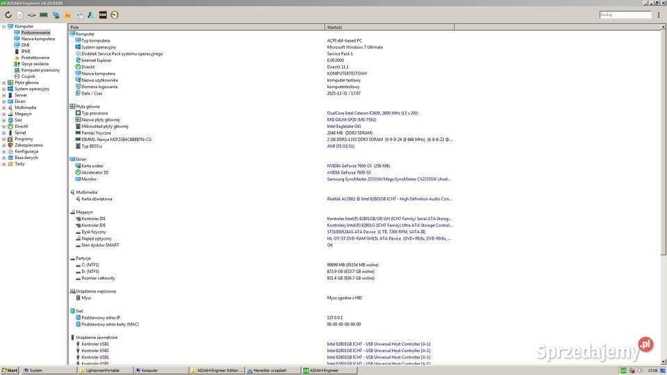 Komputer stacjonarny 2x26Ghz 2Gb RAM dysk 1000Gb Piotrków Trybunalski sprzedam