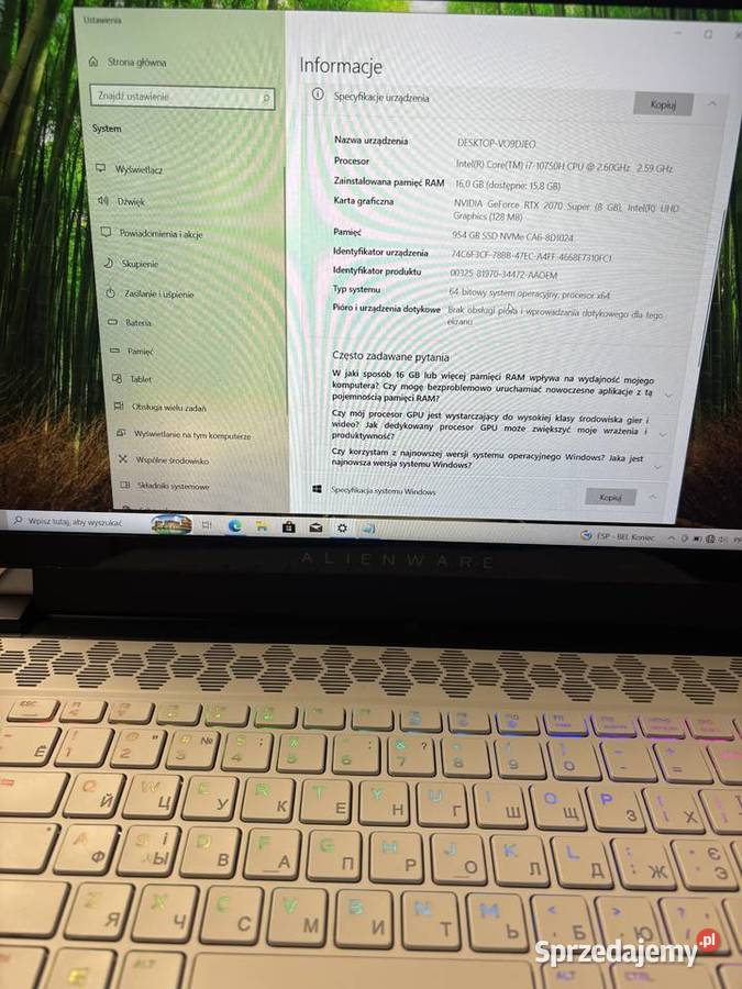 Dell Alienware m15 R3 i710750H RTX 2070 Super Zambrów sprzedam