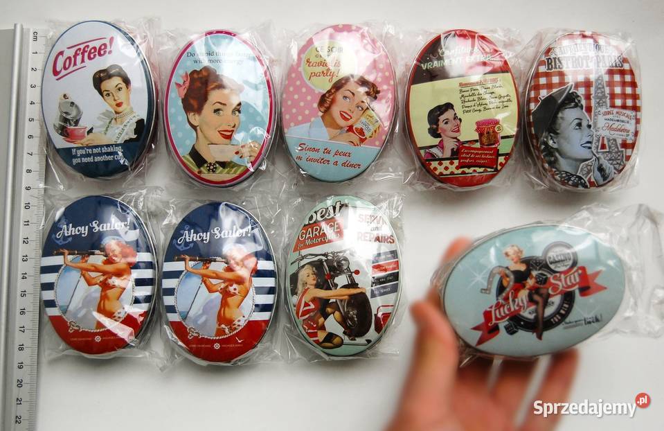 Mała owalna puszka pin up girl housewife retro Lublin sprzedam