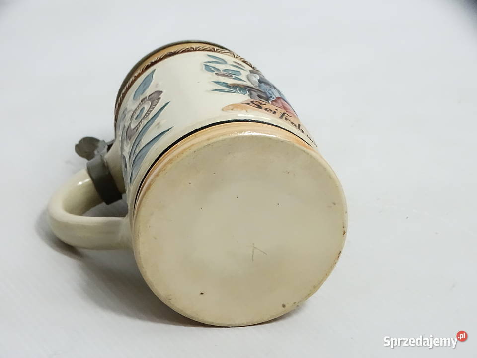 Zabytkowy niemiecki kufel ceramiczny z cynową Biłgoraj