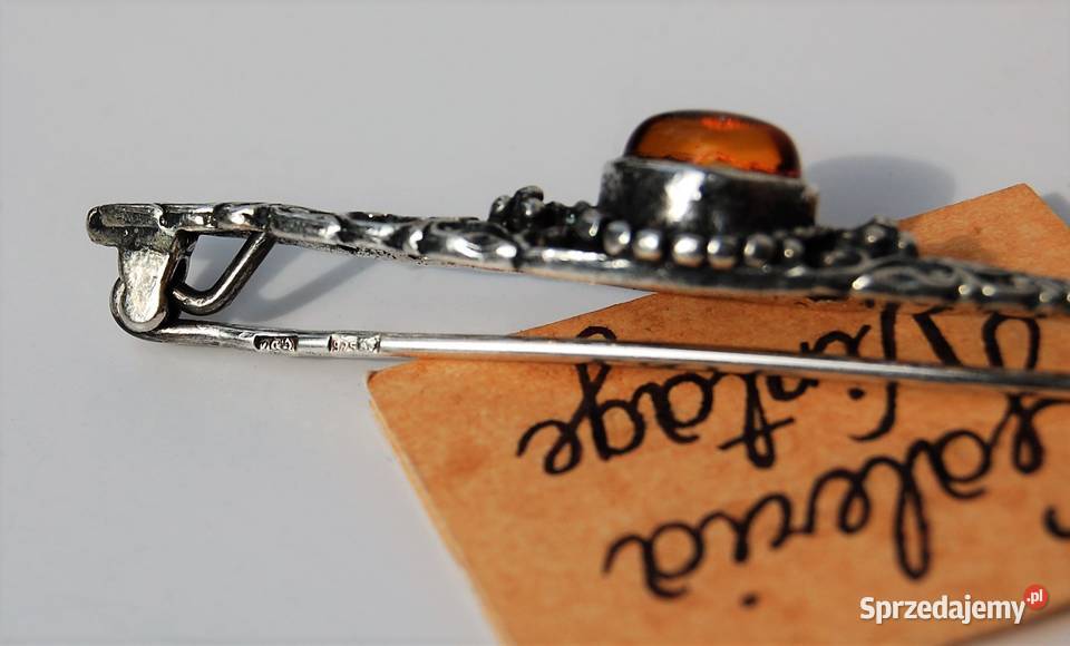 Stara broszka wiktoriańska bursztyn bałtycki srebrne Lublin