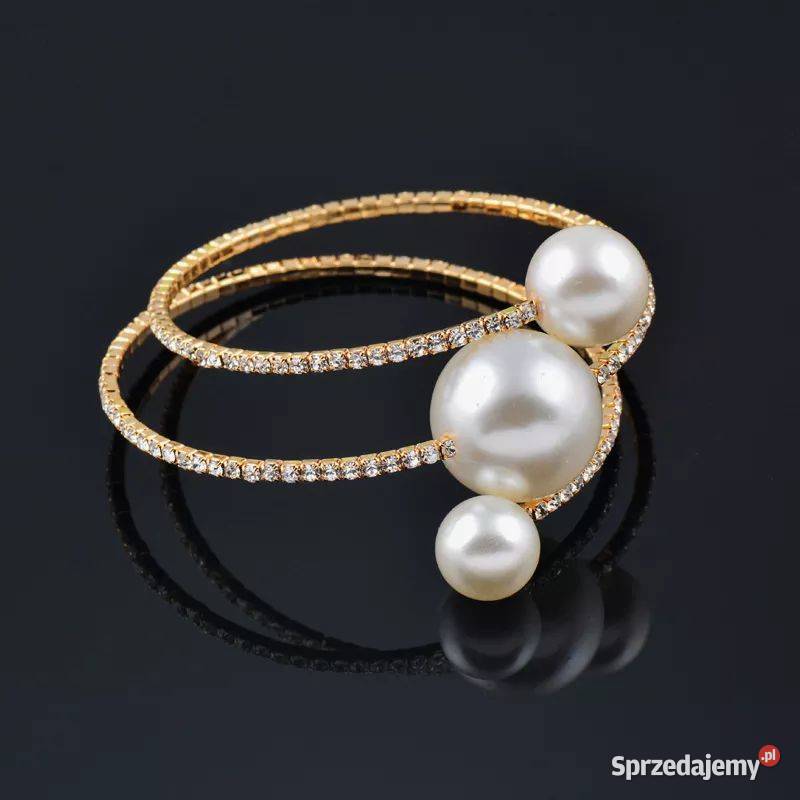 Komplet biżuterii duże perły cyrkonie ślub złoty Zegarki i Biżuteria