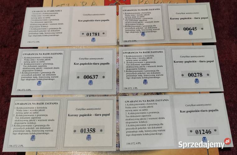 6 x KORONY PAPIESKIE 6x Certyfikat TIARA PAPALIS Katowice