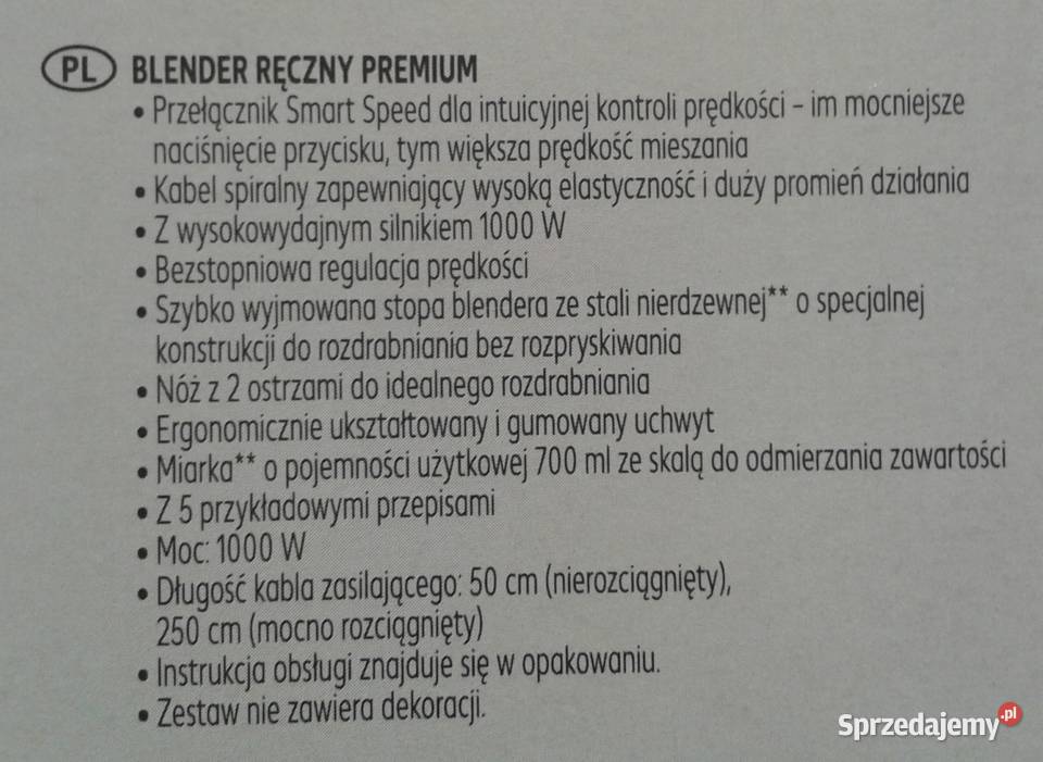 Blender ręczny PREMIUM 1000W Smart Speed bez Wołczyn