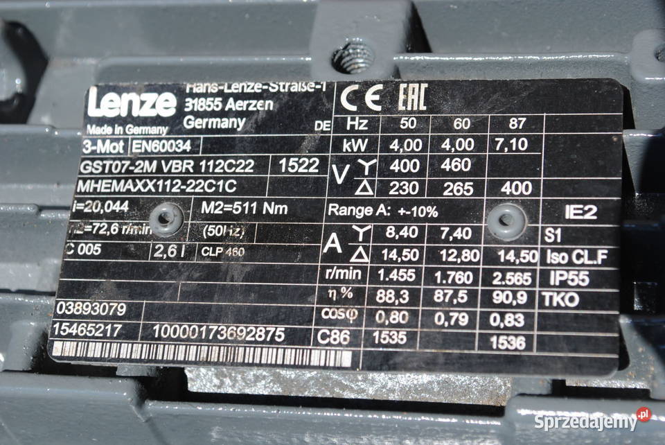 Motoreduktor 4kw 73obrmin LENZE Kargowa