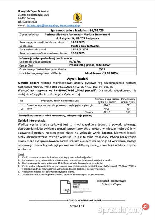 Miód rzepakowy 2025 RAW 11 surowy naturalny z Bydgoszcz
