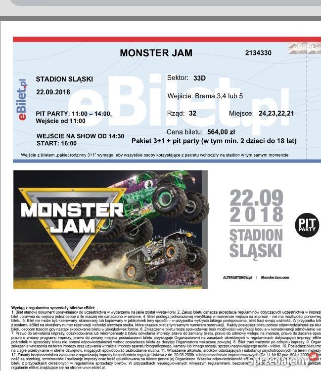 Bilet na Monster truck 4 os stadion śląski Kultura i Rozrywka Szczecin